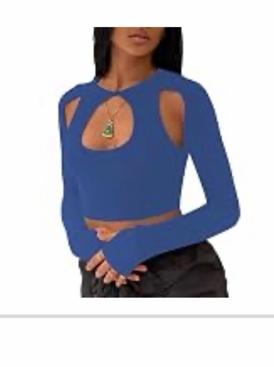 Remidoo Tops - Cutout Long Sleeve Crop Top in Blue